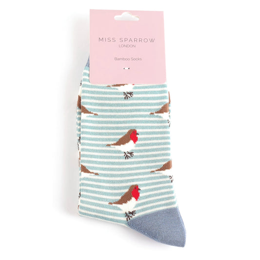 Miss Sparrow Robins on Stripes Socks Duck Egg