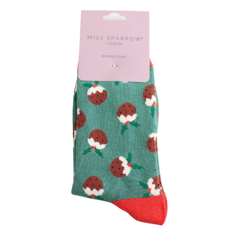 Miss Sparrow Christmas Puddings Socks Green