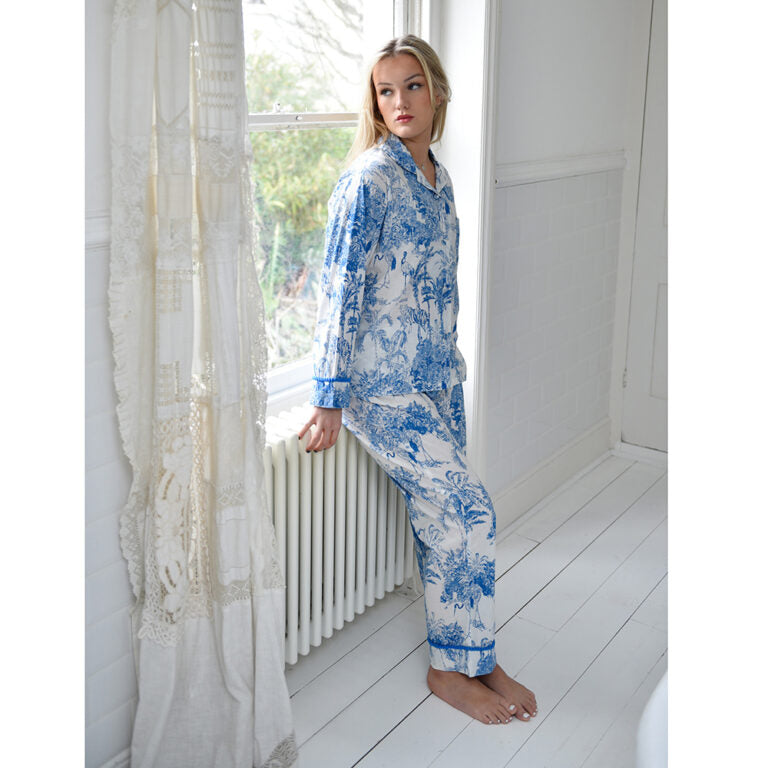 Powell Craft Blue & White Safari Toile De Jouy Print Pyjamas