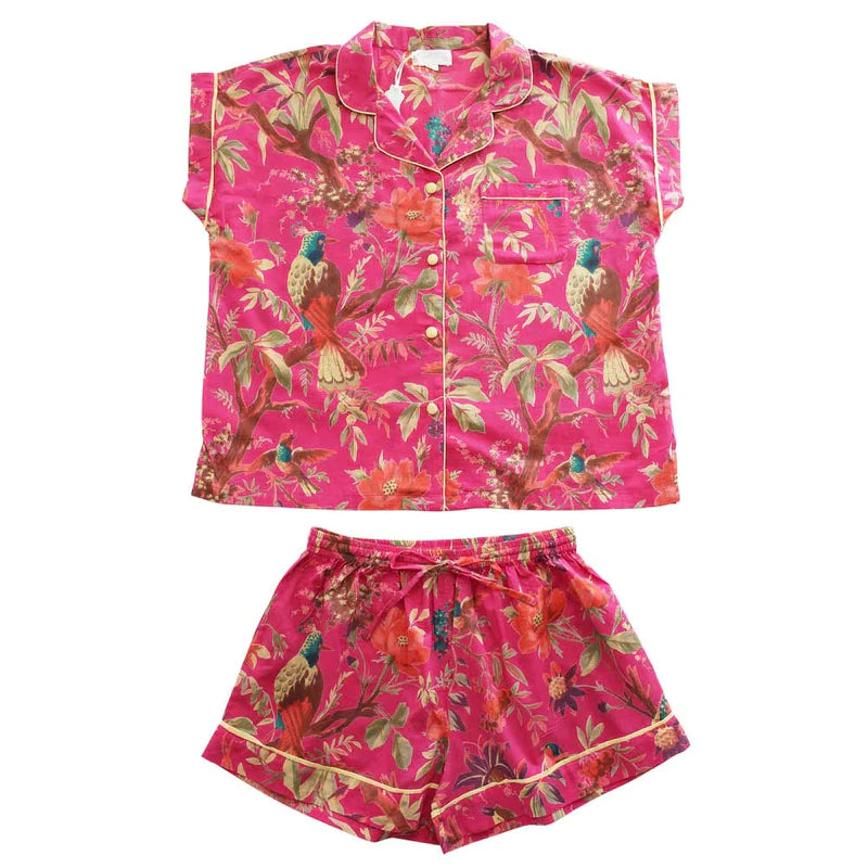 Powell Craft Hot Pink Birds Short Pyjama Set With Piping