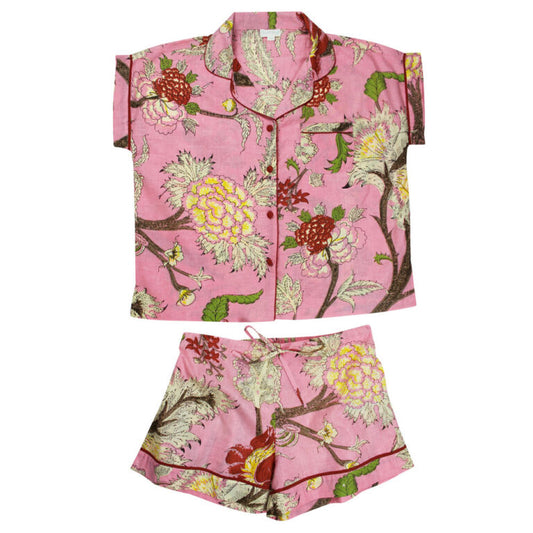 Powell Craft Pink, Cream & Burnt Orange Large Botanical Print Short Pyjama Set