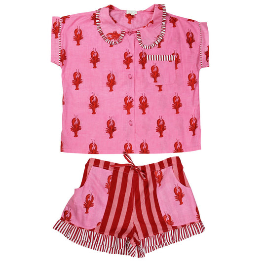 Powell Craft Pink & Red Lobster Shortie Pyjama Set With Peter Pan Collar