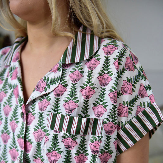 Powell Craft Pink & Green Damask Style Floral Print Short Pyjama Set