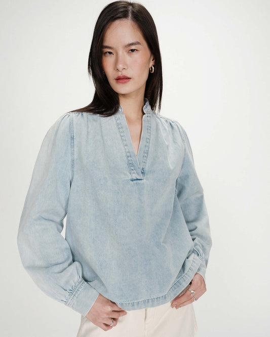 Grace & Mila Valory Straight Denim Blouse in Sky Blue