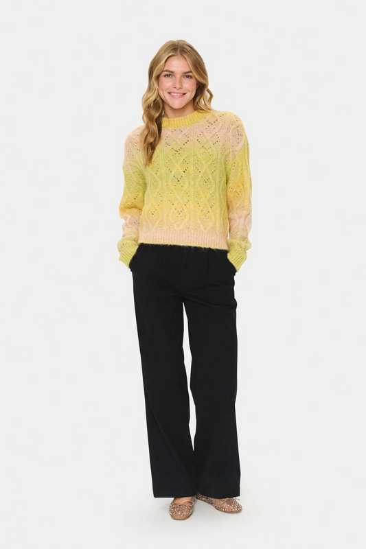 Woman wearing a yellow sweater and black pants on a white background