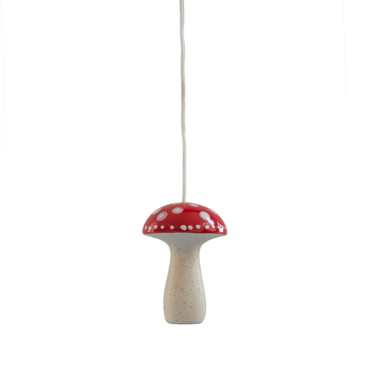 Sass & Belle Mushroom Light Pull. Mushroom-shaped pendant light with red cap and white stem on a white background