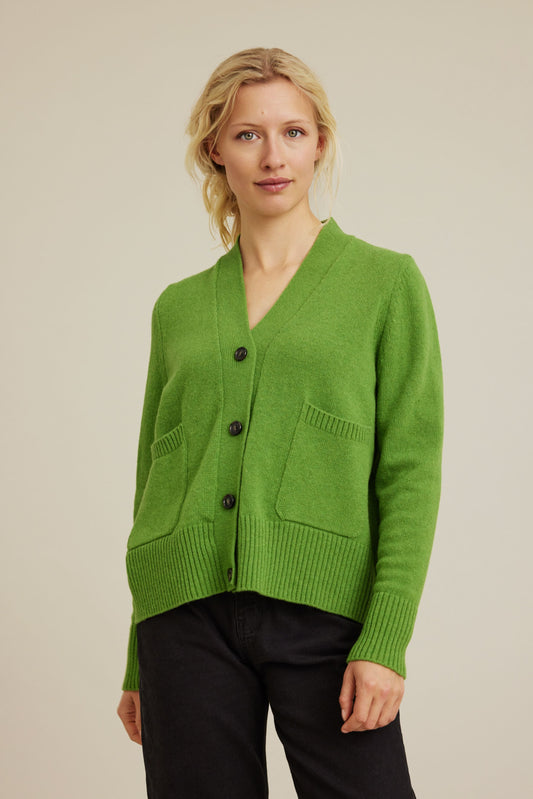 Sibin Linnebjerg Vilma Jumper in Clear Green. Woman wearing a green cardigan against a beige background