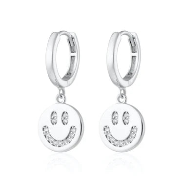 Silver Smiley Face Charm Hoop Earrings by Scream Pretty