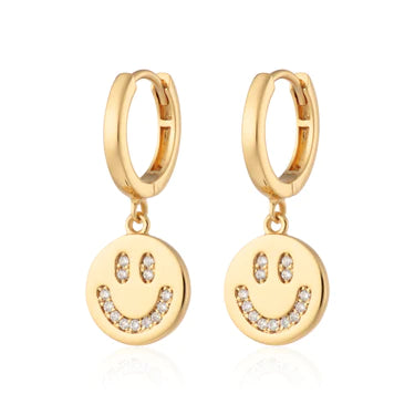 Gold Plated Smiley Face Charm Hoop Earrings