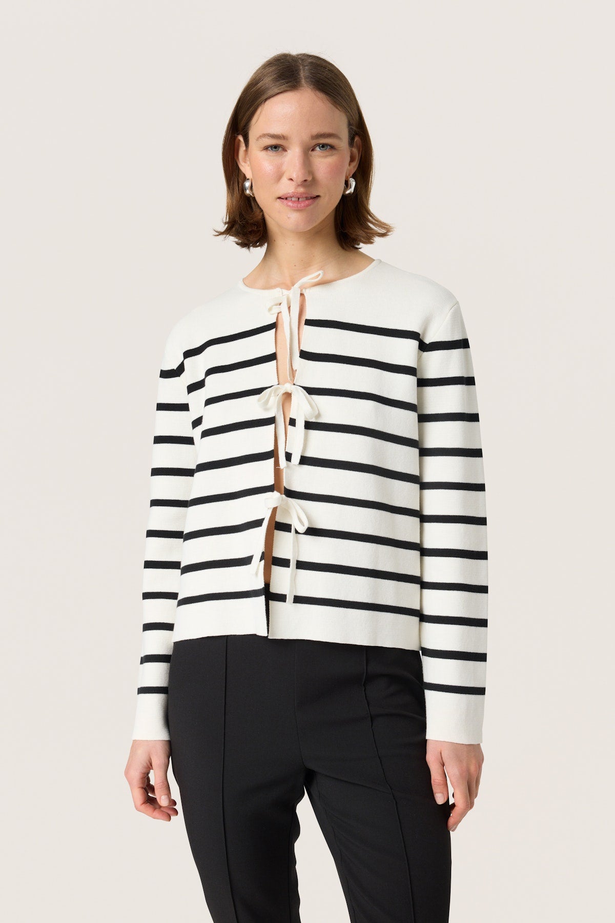 Soaked in Luxury Haven Cardigan in white with Black Stripe