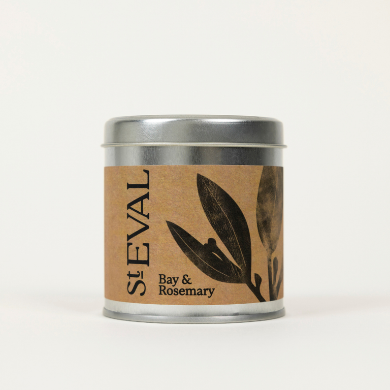 St Eval Bay & Rosemary, Scented Tin Candle. St. Eval Bay & Rosemary candle tin on a white background