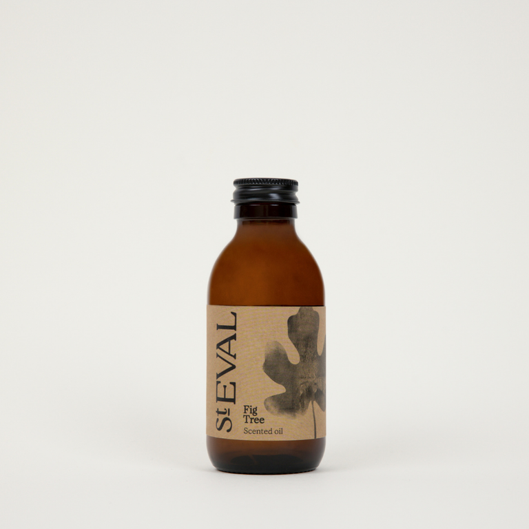 St Eval Fig Tree, Diffuser Refill. Brown bottle with a label on a white background