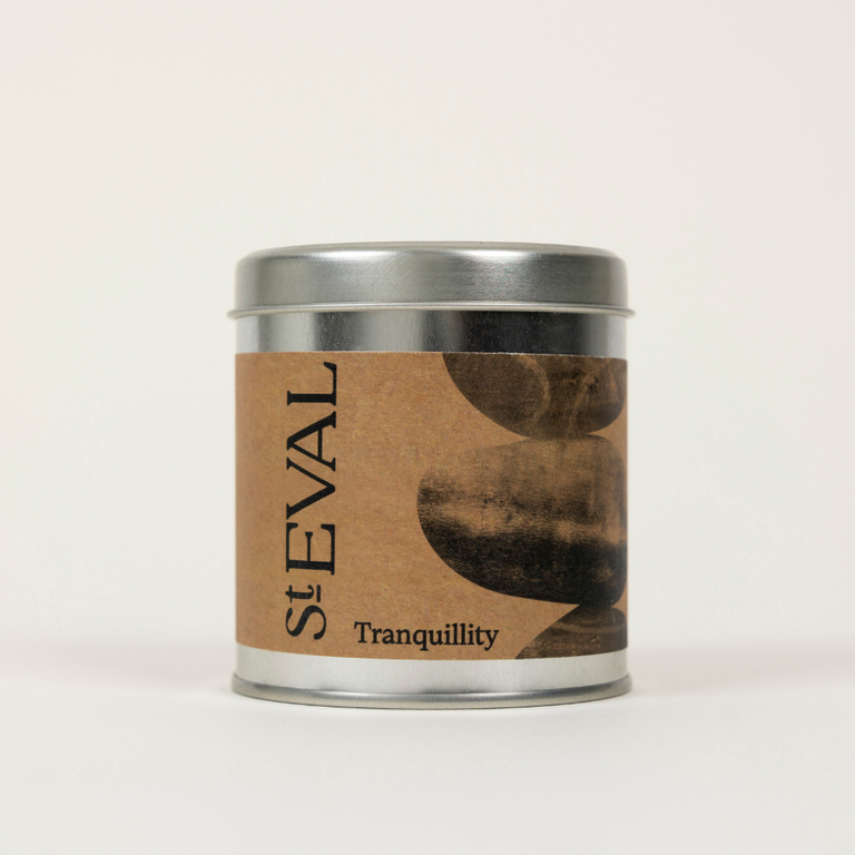 St Eval Tranquillity, Scented Tin Candle. Candle tin labelled 'St. Eval Tranquillity' on a white background