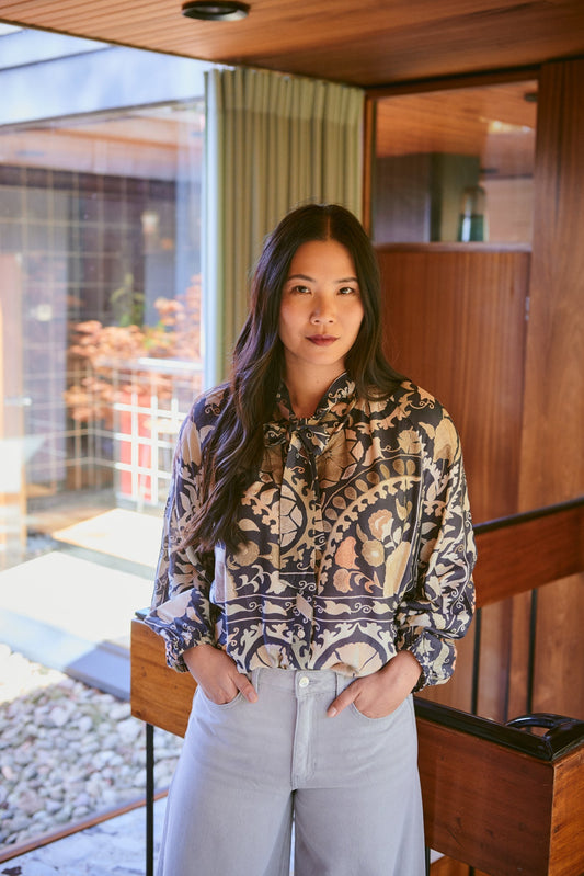 One Hundred Stars Susani Charcoal Pussy Bow Blouse