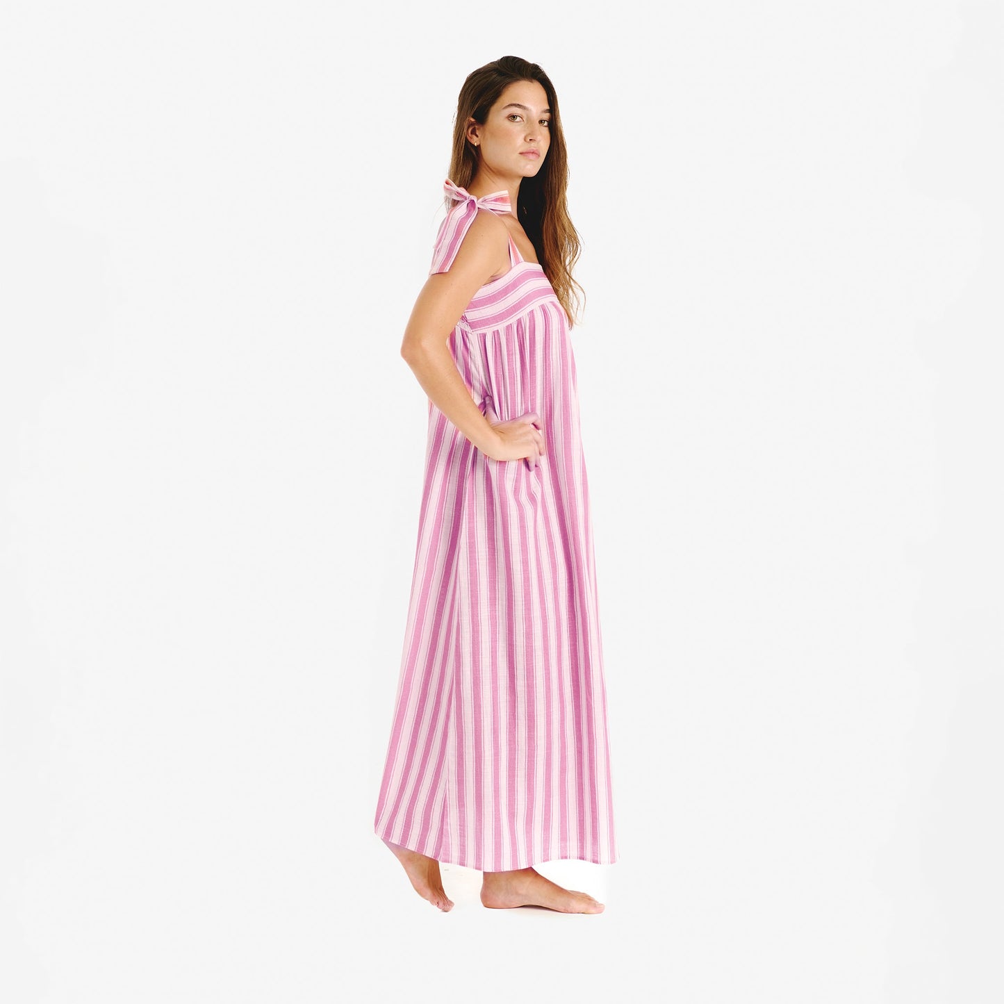 Tanavana Zuri Pink Hamptons casual, maxi Dress, in a wide pink deckchair stripe