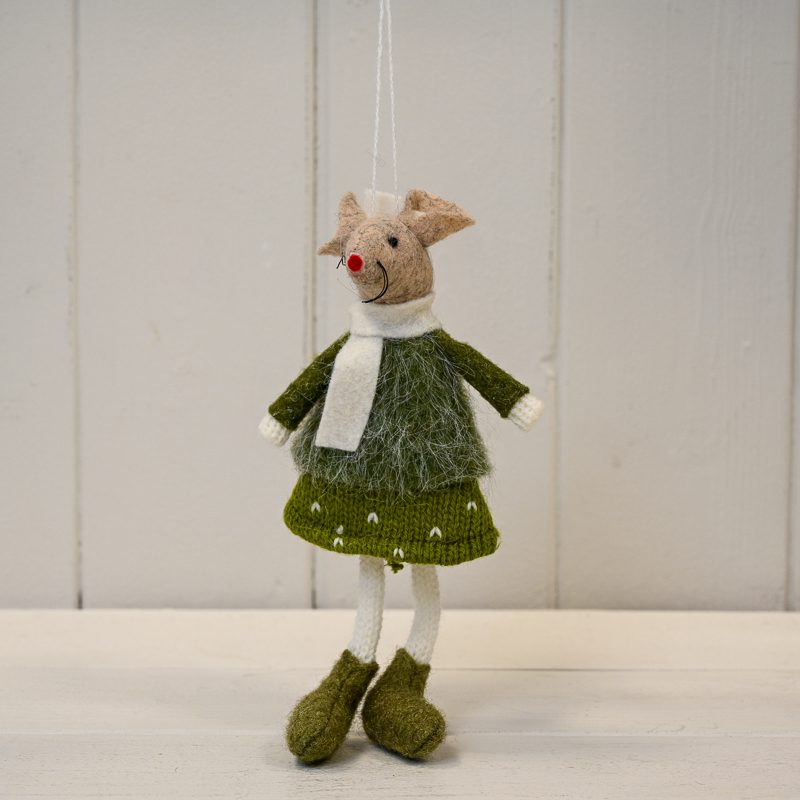 The Satchville Company Green Hanging Mouse in Knitted Dress with Spots (15cm)