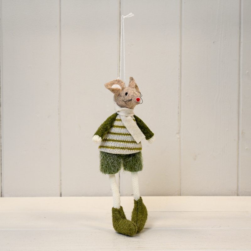 The Satchville Company Green Knitted Hanging Mouse in Stripey Jumper (15cm)