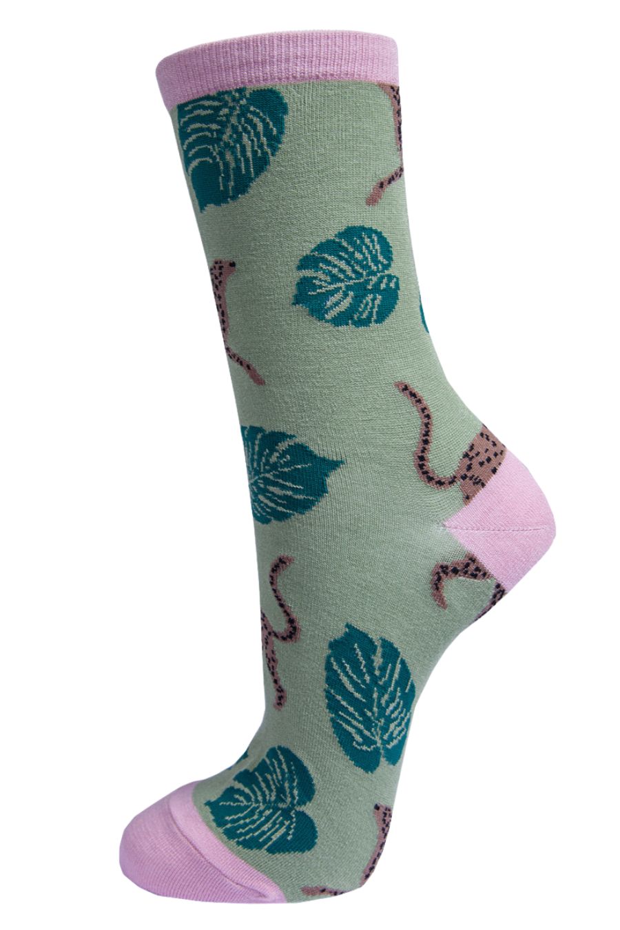 Bamboo Socks - Green, Cheetah Jungle