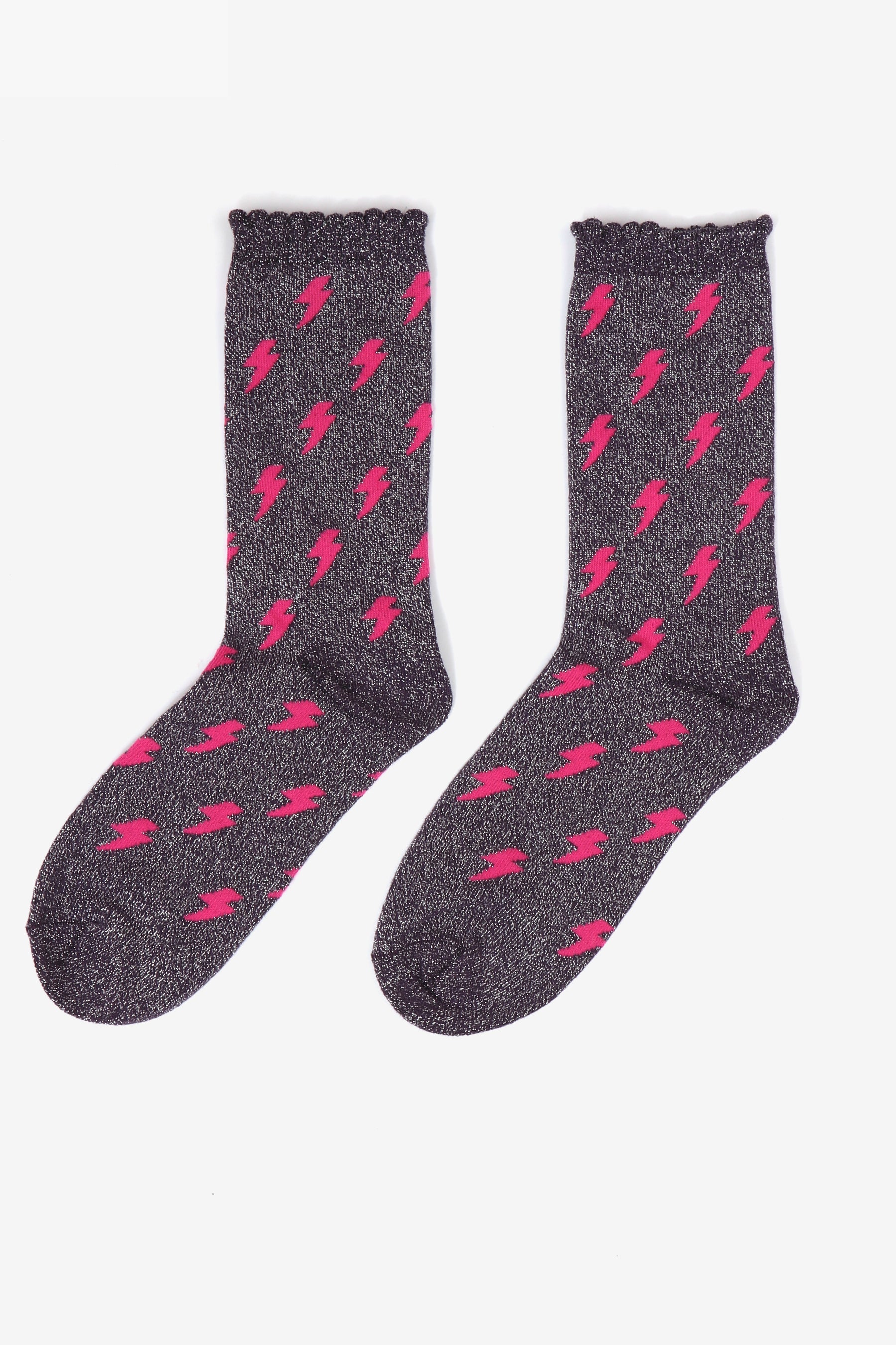 Women's Glitter Socks - Navy Blue/Pink, Lightning Bolts