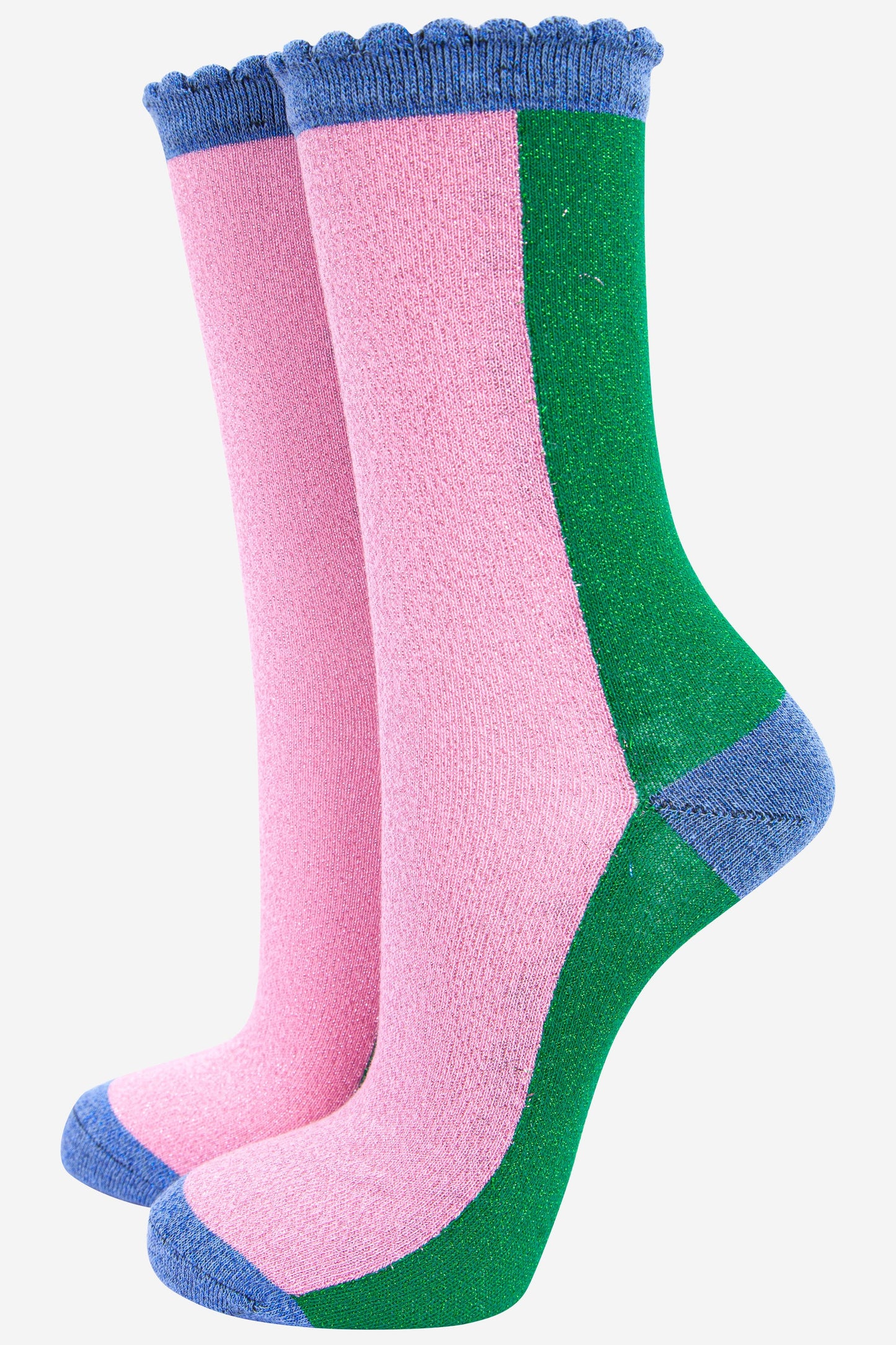 Women's Glitter Socks - Pink/Green, Colour Block