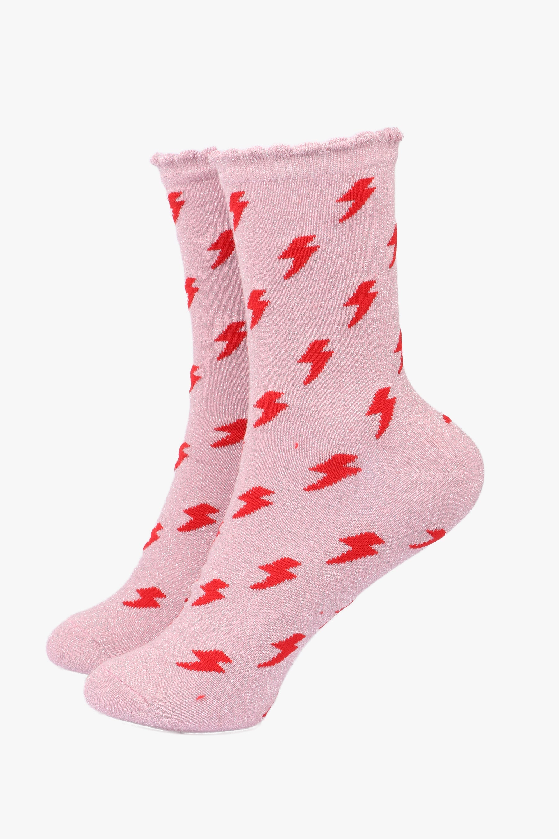 Women's Glitter Socks - Pink/Red, Lightning Bolts