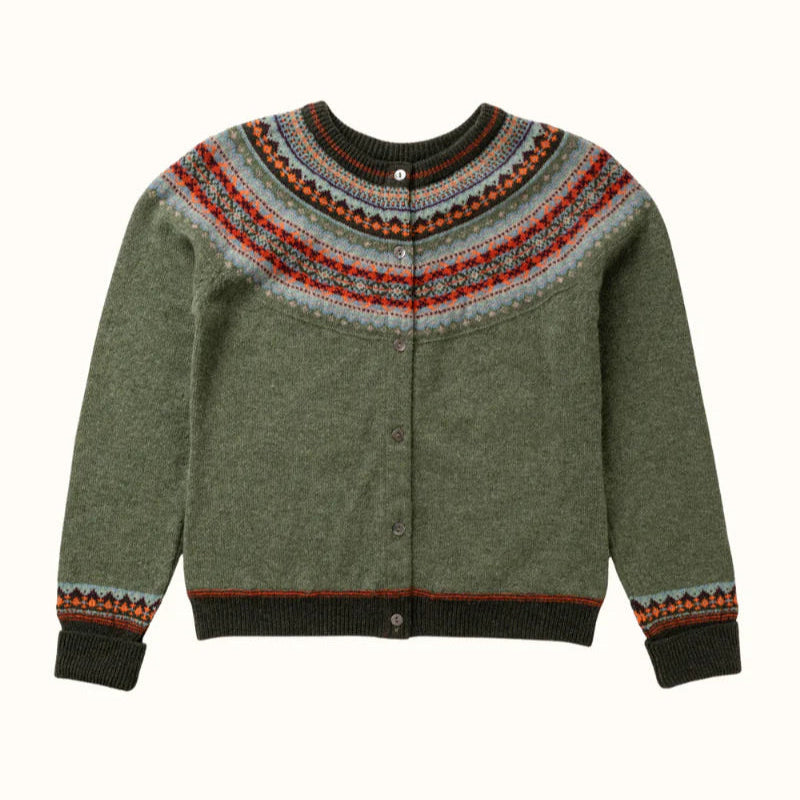 Green sweater with patterned collar and cuffs on a white background