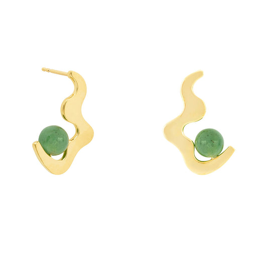 Gold earrings with green stones on a white background