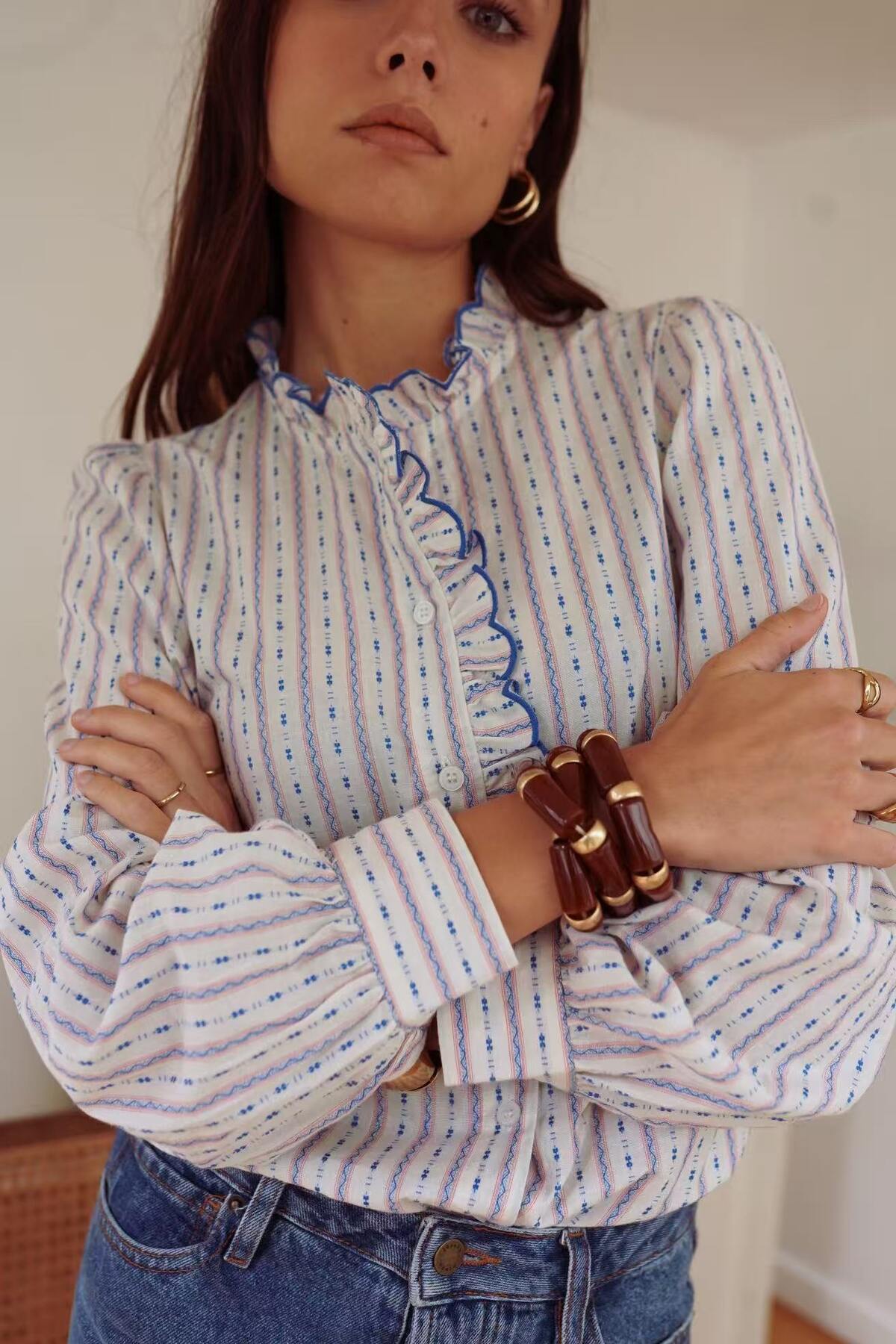 Eliza Printed Stripe Cotton Shirt in Blue