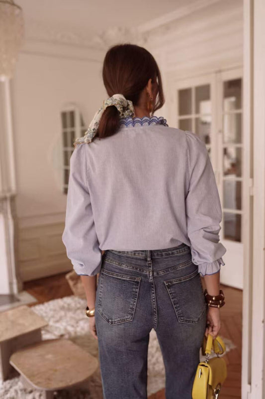 Emille Striped Shirt with contrast Scallop embroidery