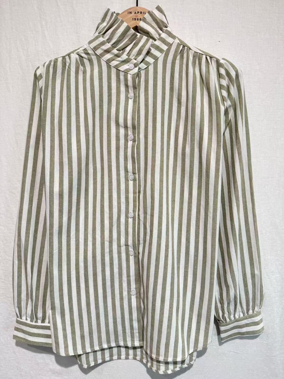 Camille Frill Neck Stripe Shirt in Khaki