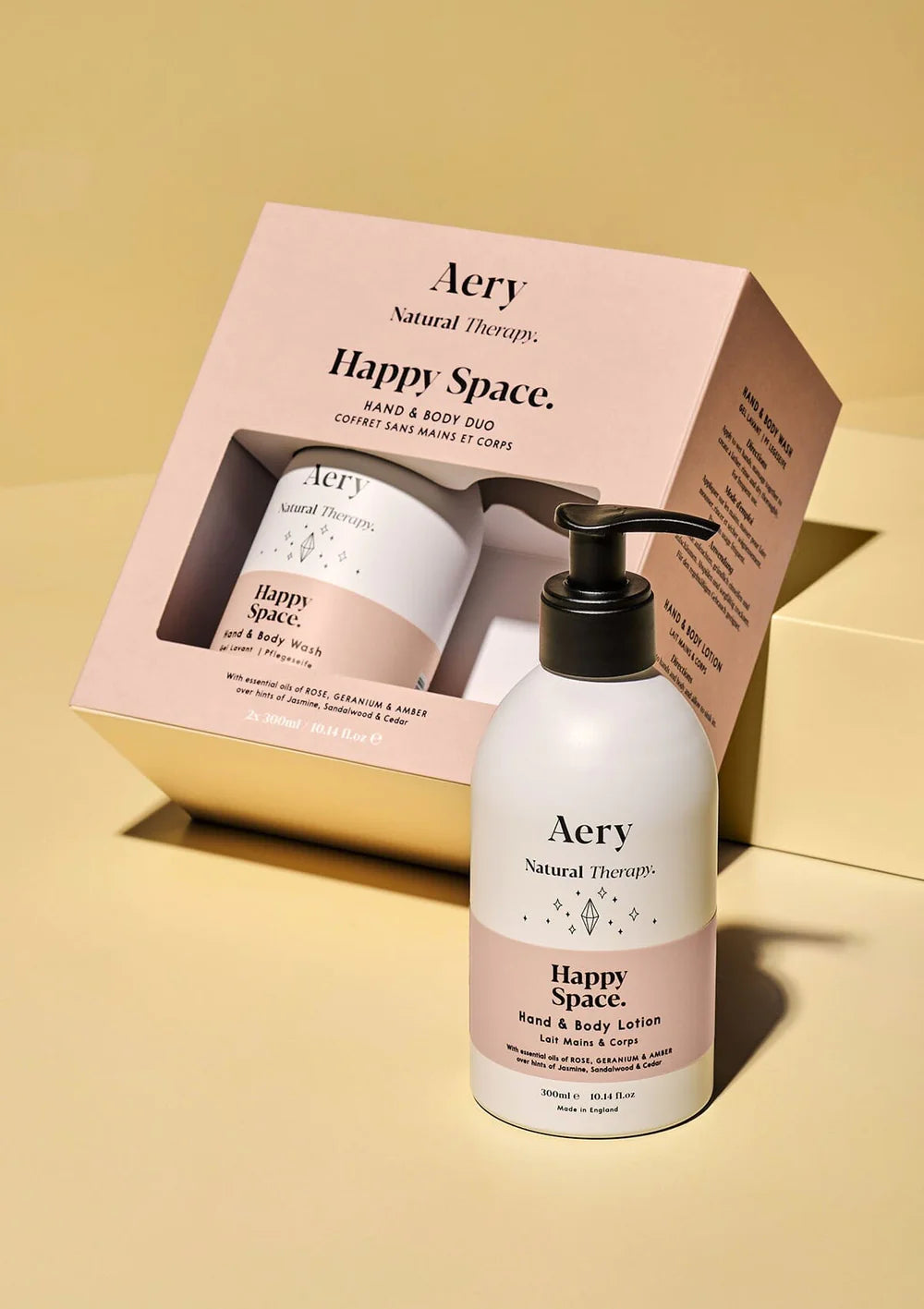 Aery Happy Space Hand/Body Wash and Lotion Set - Rose Geranium and Amber