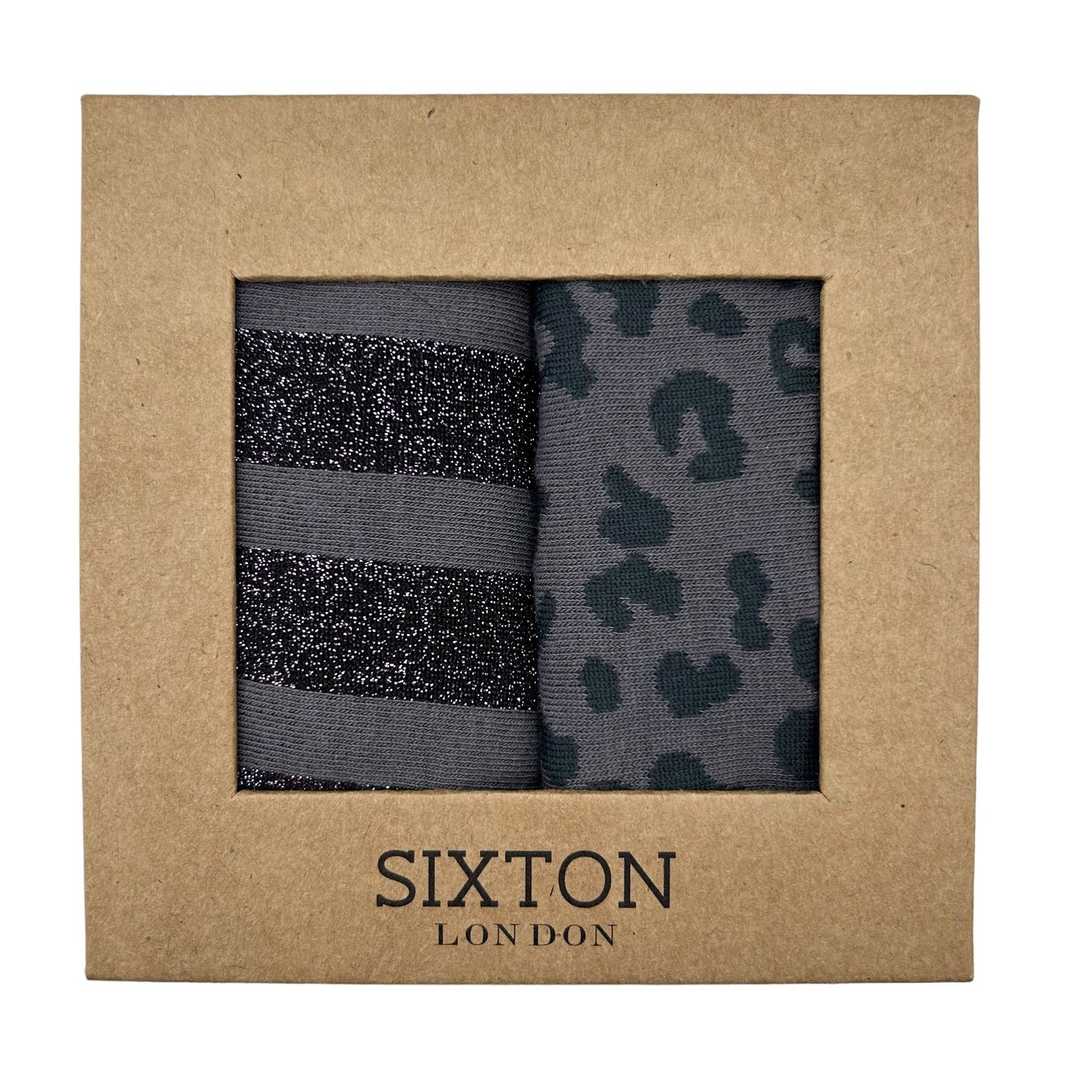 A box containing two pairs of Sixton London socks, one pair with charcoal leopard print and the other pair with purple Berlin pattern.