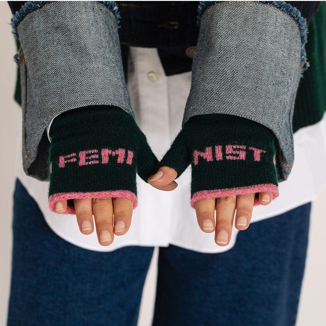 Black & Beech Feminist Fingerless Mittens in Forest Green & French Rose