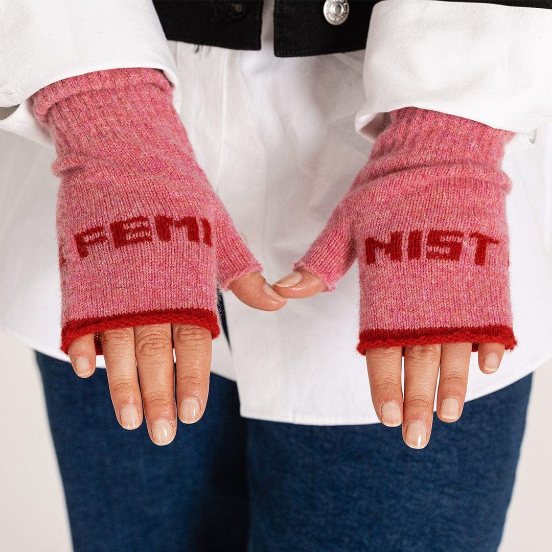 Black & Beech Feminist Fingerless Mittens in French Rose & Rouge