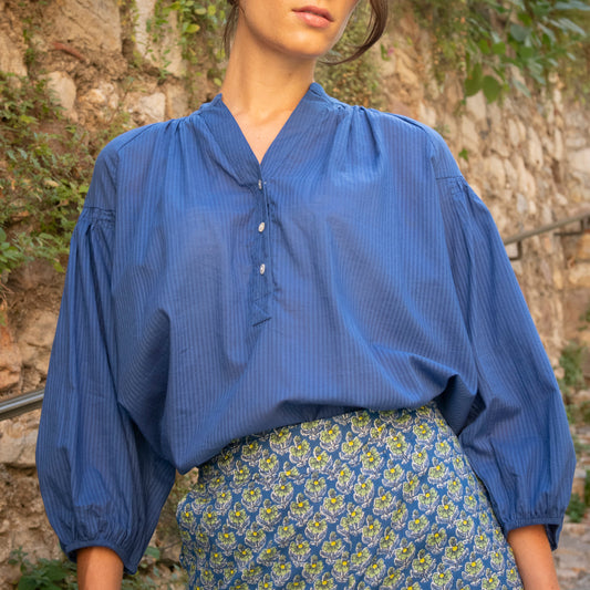 Zen Ethnic Plain Helen Top in Blue