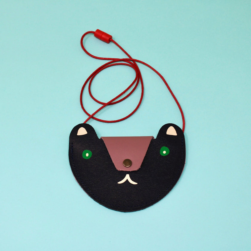 Leather Bear Pocket Purse in Navy and Dusty Pink