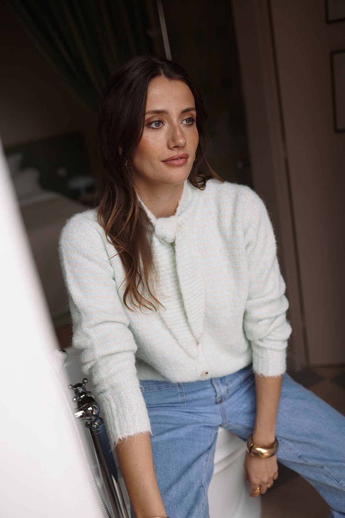 Clara Striped Knit Cardigan with Integrated Scarf in Blue