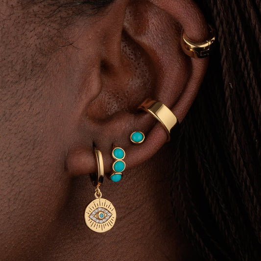 Gold Turquoise Cabochon Huggie Hoop Earring