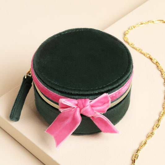 Lisa Angel Green and Pink Velvet Bow Mini Round Jewellery Case