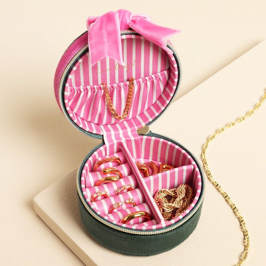 Lisa Angel Green and Pink Velvet Bow Mini Round Jewellery Case