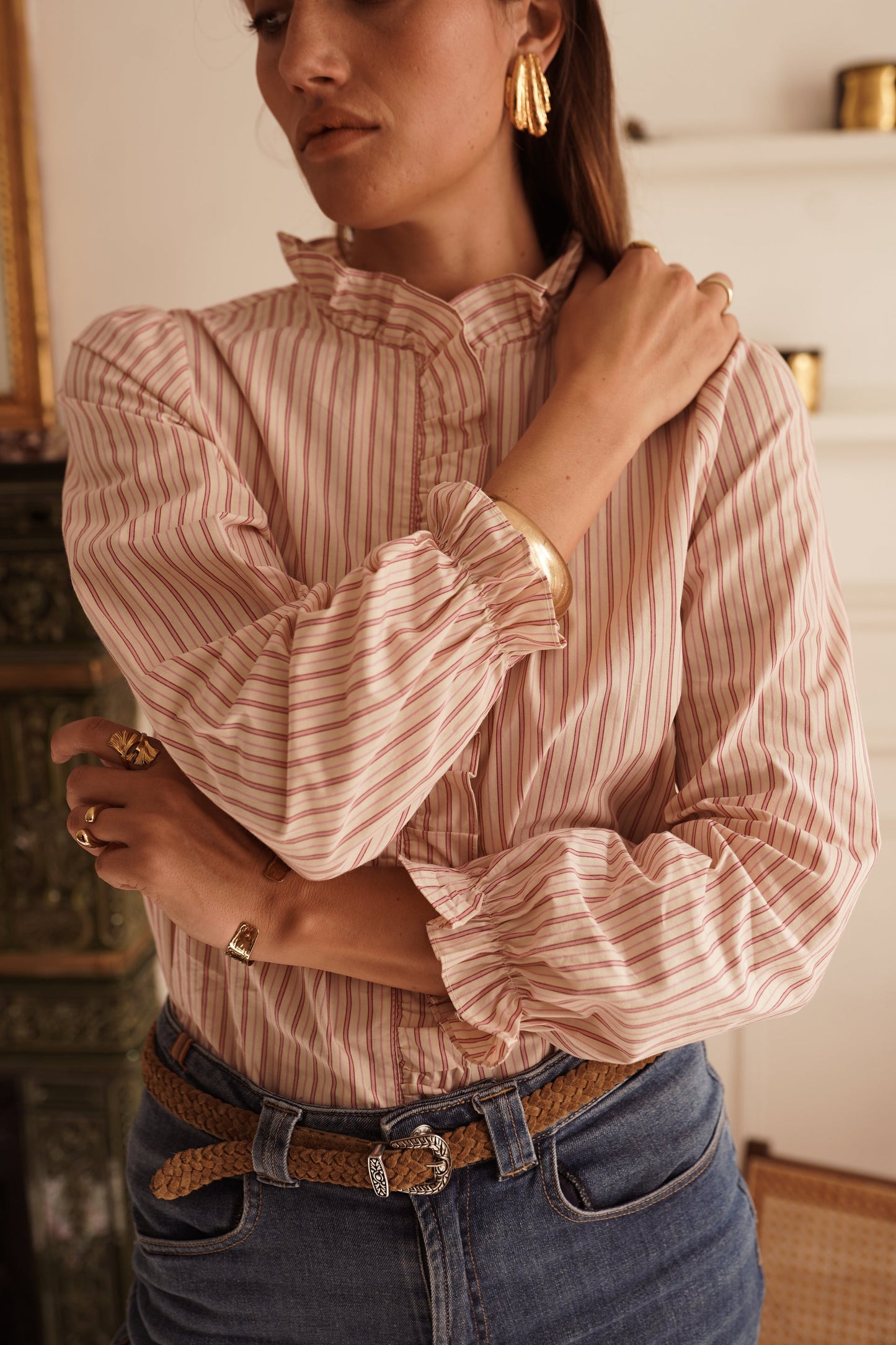 Kerry Shirt with Ruffles in Pink Stripe