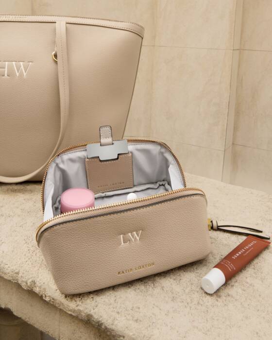 Katie Loxton Fold-Out Make Up Bag in Light Taupe