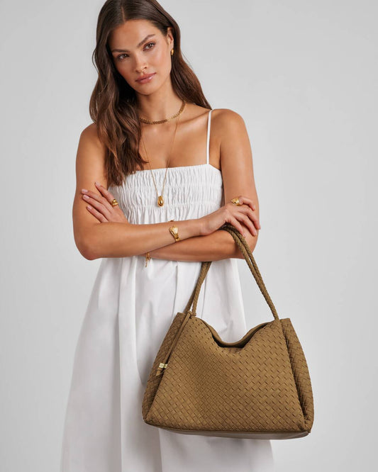 Katie Loxton Nova Hand Woven Small Shoulder Tote in Light Caramel Suedette