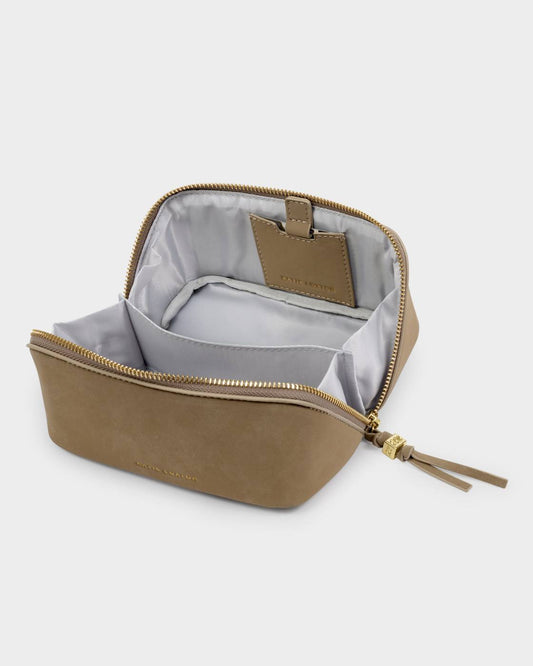 Katie Loxton Fold-Out Suedette Mirror Makeup Bag in Taupe