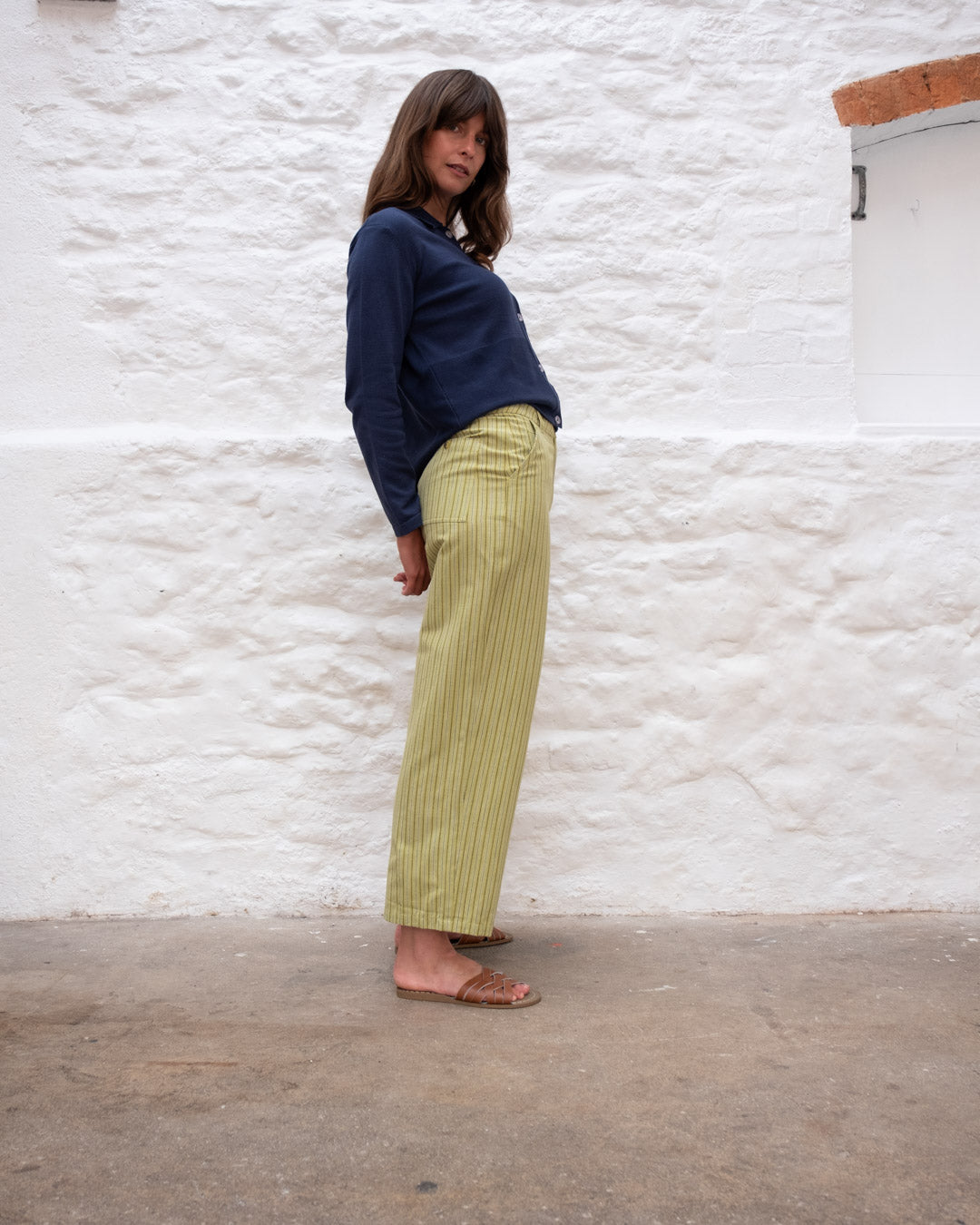 Bibico Harper Wide Leg Trousers in a Cotton, Avocado Stripe