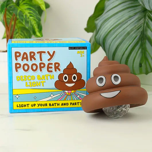 Party Pooper disco bath light with packaging on a white surface