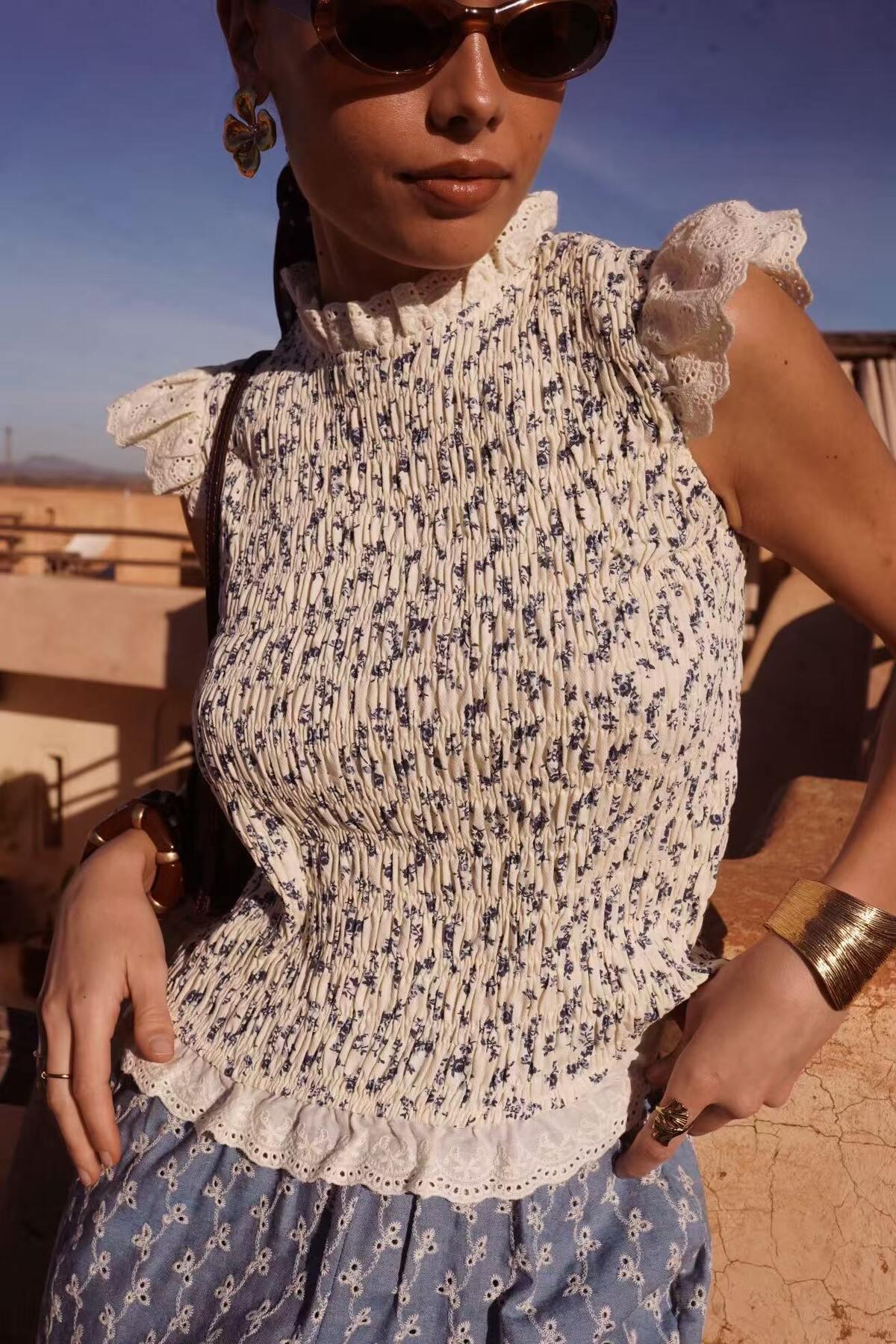 Eloise Printed Smocked Sleeveless Top with lace detailing