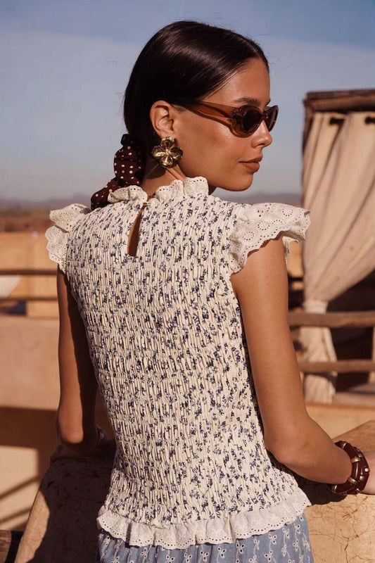 Eloise Printed Smocked Sleeveless Top with lace detailing
