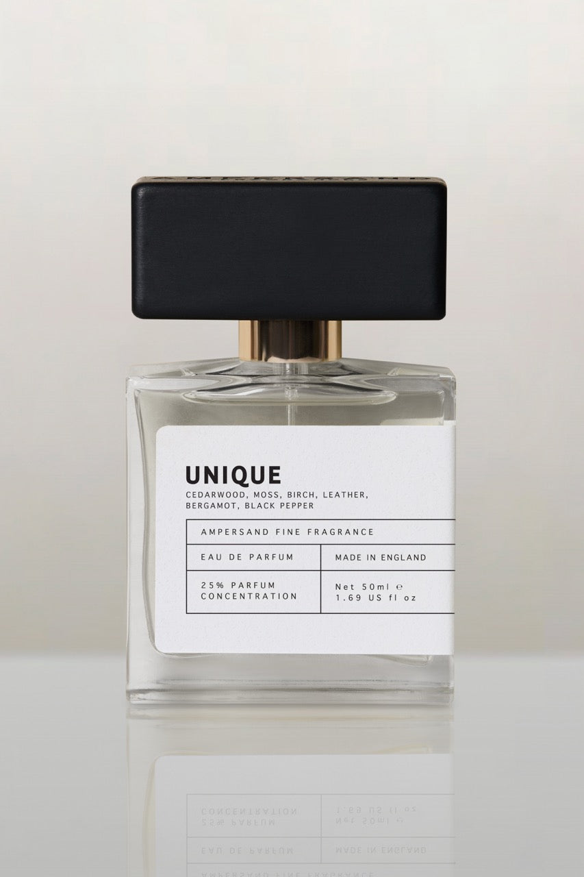 Perfume bottle with a black cap on a white background