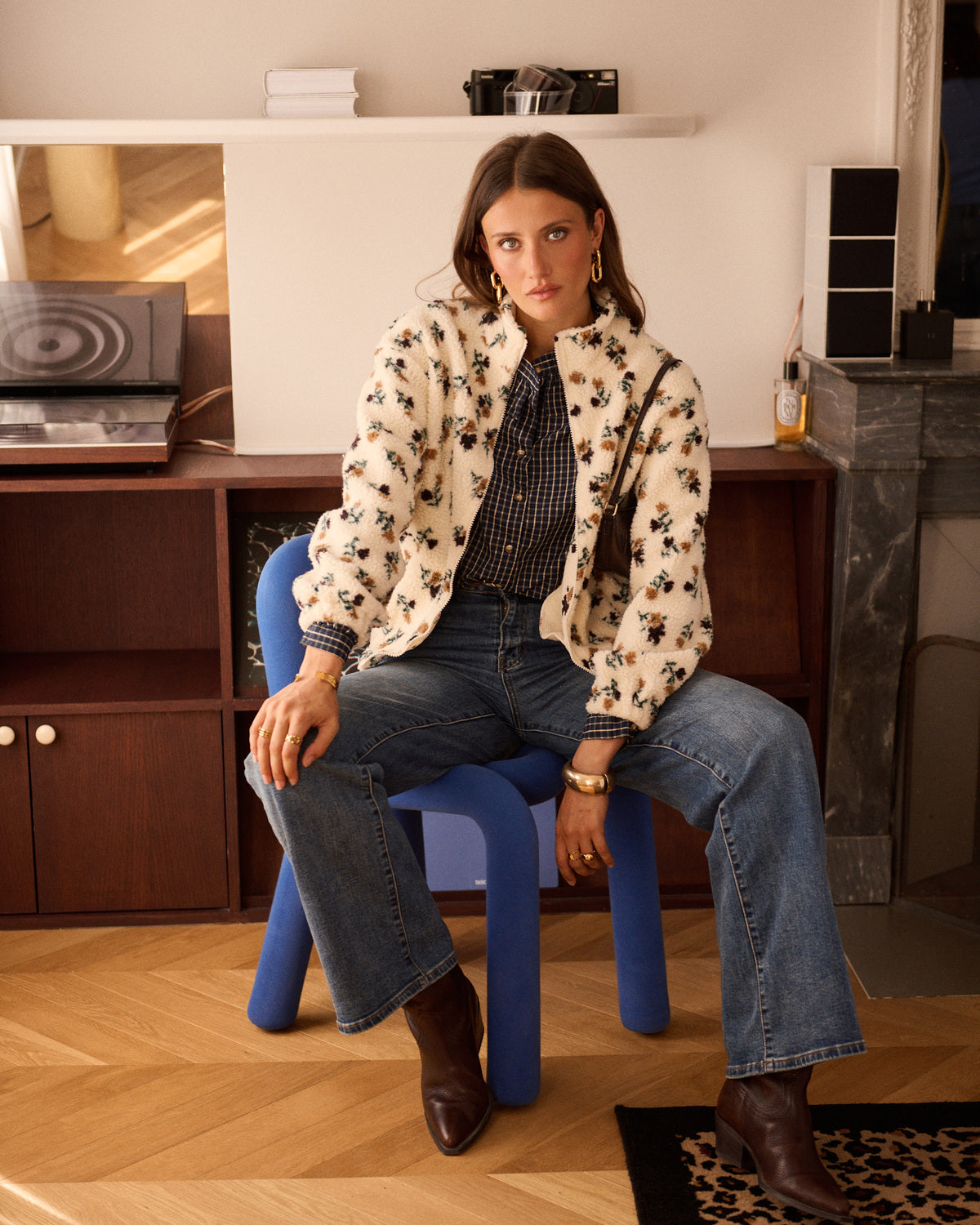 Claudette Zip Up Floral Fleece Jacket in Ecru Mustard & Blue